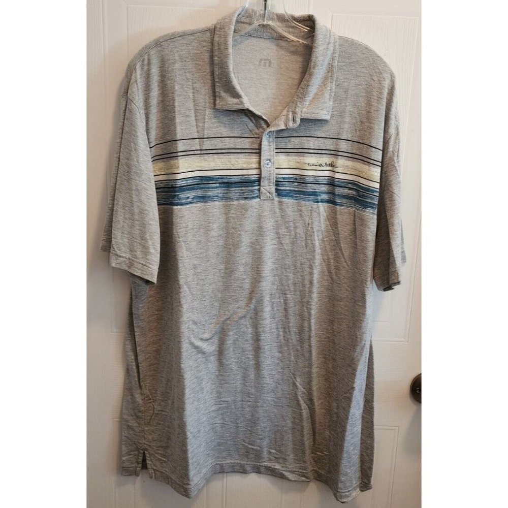 Travis‎ Mathew Men's Short Sleeve Polo Shirt Casual Golf Gray/Blue Striped Sz XL